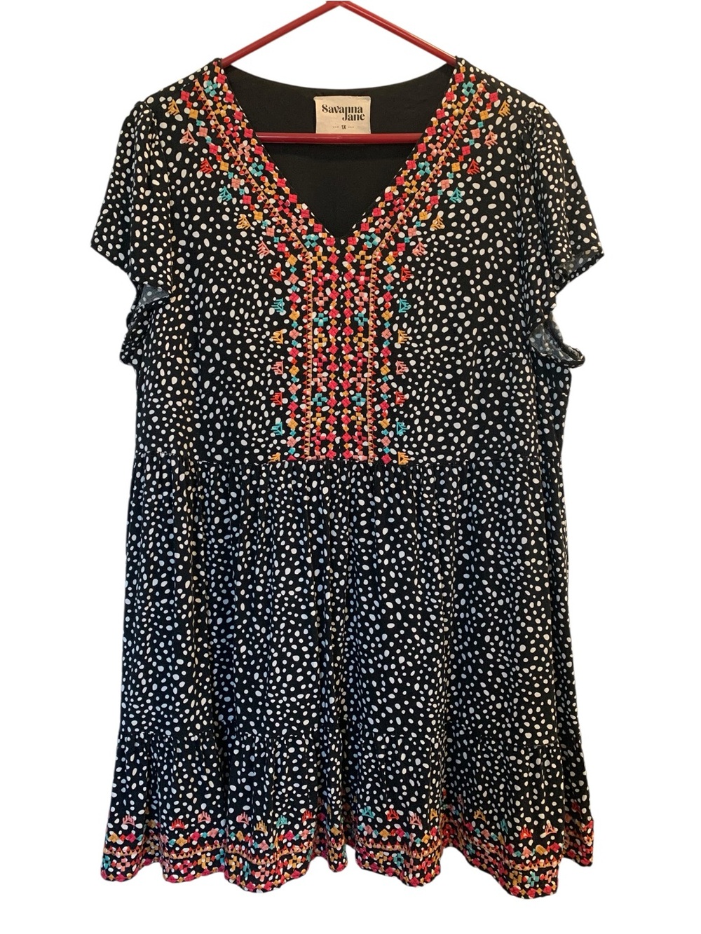 Savanna Jane Black Polka Dot Embroidered Dress Size 1X